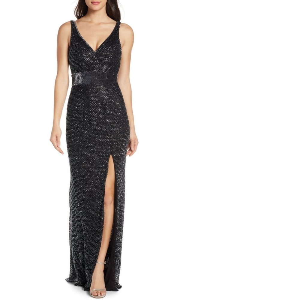 MAC DUGGAL Women Beaded Mesh Column Gown |Gunmetal